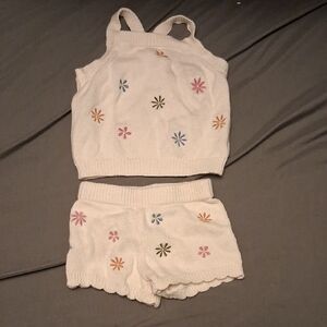 White Knit Tank and Shorts Set with Floral Embroidery